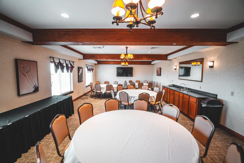 Reception room with wood beams